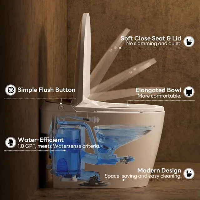 Alt view image 3 of 6 - Elongated One Piece Toilet for Bathroom Modern Toilet 1.0GPF Button & Foot Kick Flush, Air Pressure Assisted Flush, 17.2" ADA Comfort Height Seat, Brushed Gold