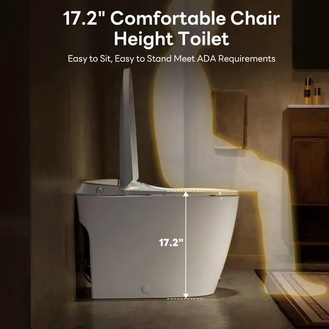 Alt view image 6 of 6 - Elongated One Piece Toilet for Bathroom Modern Toilet 1.0GPF Button & Foot Kick Flush, Air Pressure Assisted Flush, 17.2" ADA Comfort Height Seat, Brushed Gold