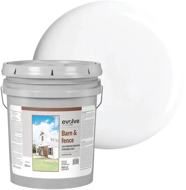 Main image of Barn & Fence Paint, Flat (White), 5 Gallon Durable Scratch-Resistant Wood Coating for Outbuildings & Fences, Fast-Dry Water-Based Formula