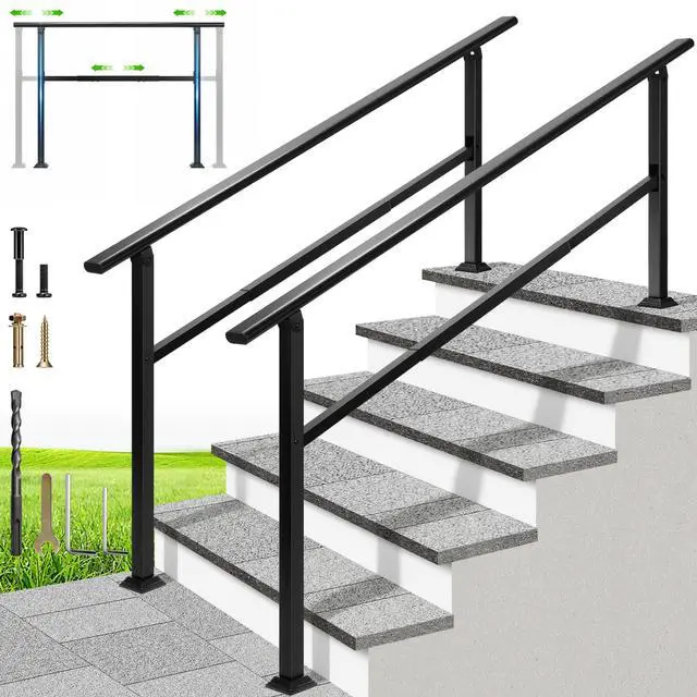 Main image of Adjustable Outdoor Handrails - Durable Galvanized Steel Hand Rail, Black Oval Design for Porch, Deck & Stairs, 2-Pack for 6 Steps