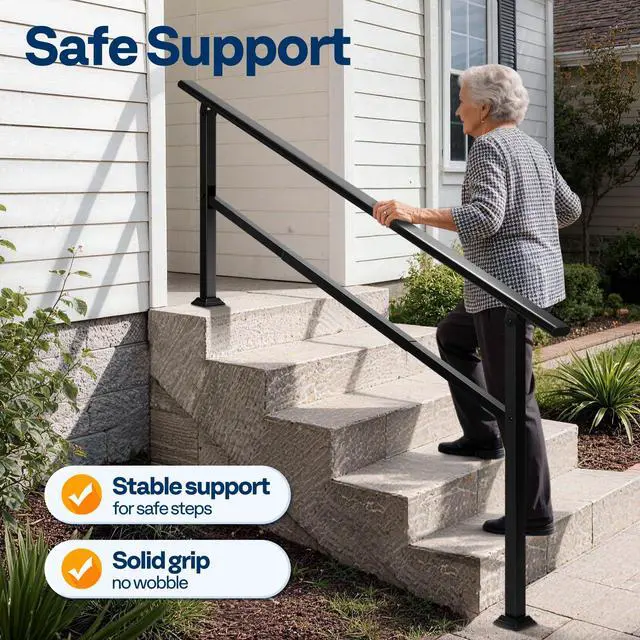 Alt view image 2 of 6 - Adjustable Outdoor Handrails - Durable Galvanized Steel Hand Rail, Black Oval Design for Porch, Deck & Stairs, 2-Pack for 6 Steps