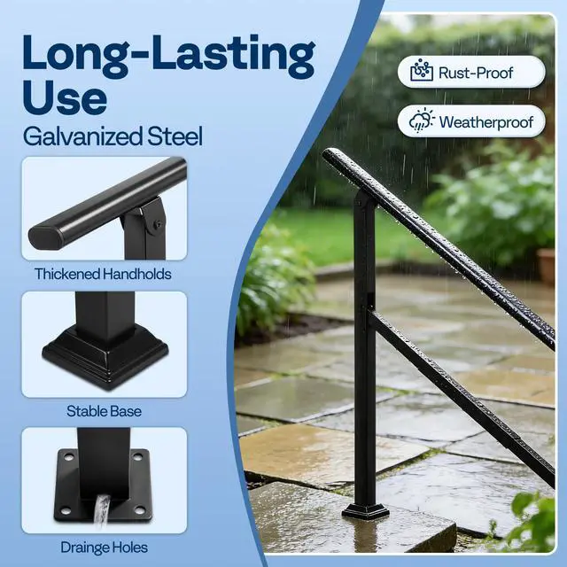 Alt view image 4 of 6 - Adjustable Outdoor Handrails - Durable Galvanized Steel Hand Rail, Black Oval Design for Porch, Deck & Stairs, 2-Pack for 6 Steps