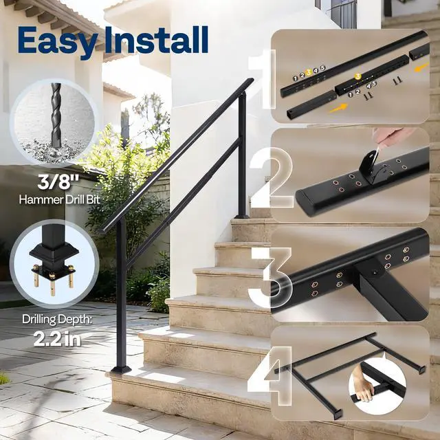 Alt view image 5 of 6 - Adjustable Outdoor Handrails - Durable Galvanized Steel Hand Rail, Black Oval Design for Porch, Deck & Stairs, 2-Pack for 6 Steps
