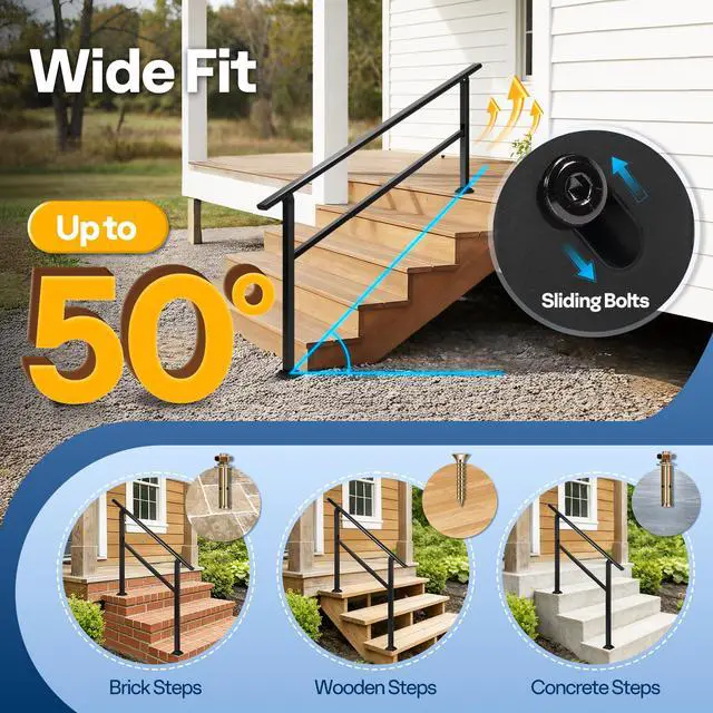 Alt view image 6 of 6 - Adjustable Outdoor Handrails - Durable Galvanized Steel Hand Rail, Black Oval Design for Porch, Deck & Stairs, 2-Pack for 6 Steps