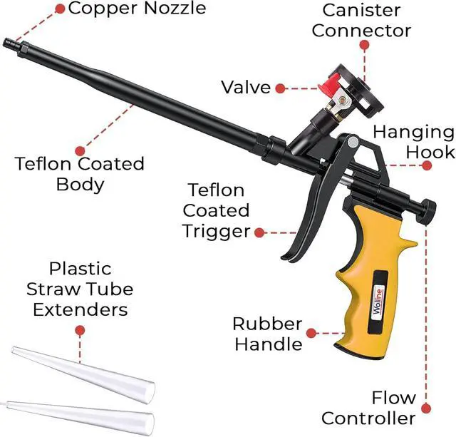 Alt view image 2 of 5 - Professional Spray Foam Insulation Gun (20 Foam Gun + 80 Nozzle), Teflon-Coated Expanding Foam Gun, Foam Dispensing Gun, for Caulking, Insulating Foam Applicator Yellow - 20 Pack