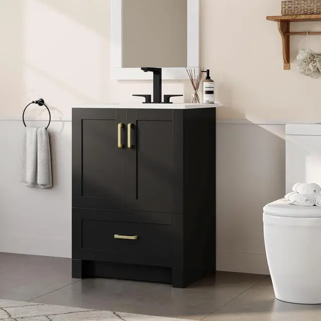 Alt view image 2 of 6 - 24.5" Bathroom Vanity with Sink, Bathroom Storage Cabinet with 2 Doors & Drawer, Freestanding Bathroom Sink Cabinet, Spacious Storage, Black
