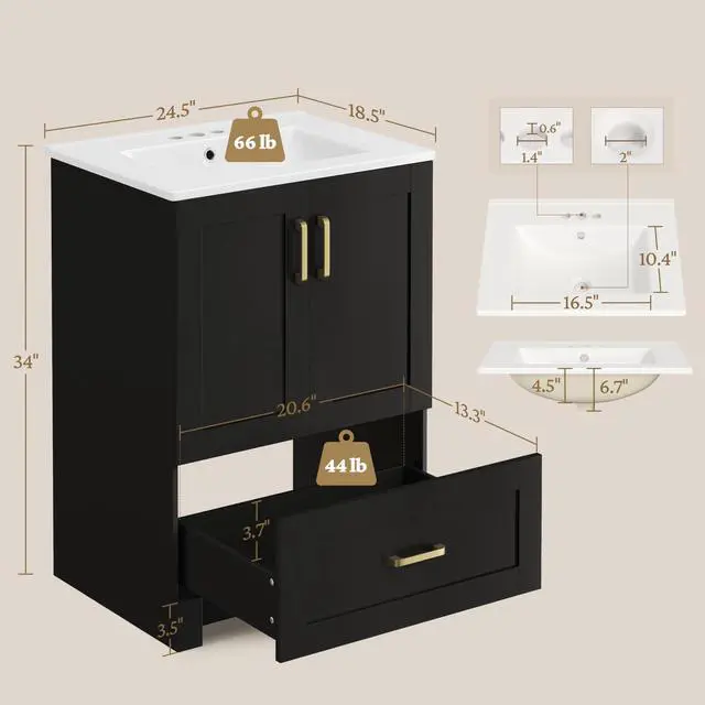 Alt view image 3 of 6 - 24.5" Bathroom Vanity with Sink, Bathroom Storage Cabinet with 2 Doors & Drawer, Freestanding Bathroom Sink Cabinet, Spacious Storage, Black