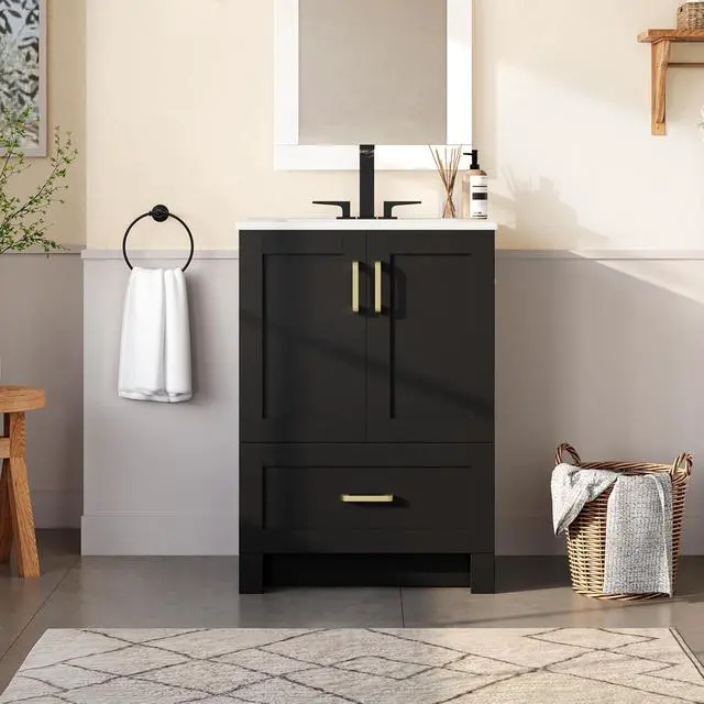 Alt view image 4 of 6 - 24.5" Bathroom Vanity with Sink, Bathroom Storage Cabinet with 2 Doors & Drawer, Freestanding Bathroom Sink Cabinet, Spacious Storage, Black