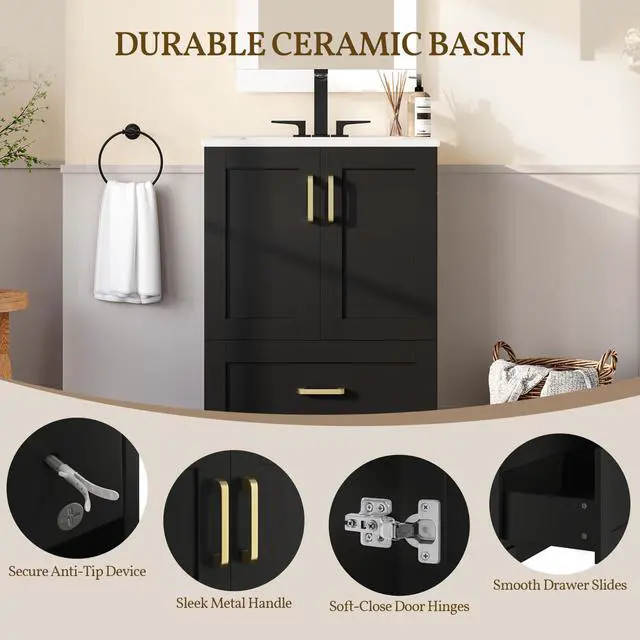 Alt view image 5 of 6 - 24.5" Bathroom Vanity with Sink, Bathroom Storage Cabinet with 2 Doors & Drawer, Freestanding Bathroom Sink Cabinet, Spacious Storage, Black