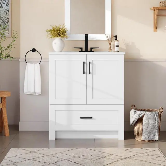 Alt view image 2 of 6 - 30" Bathroom Vanity with Ceramic Basin, Freestanding Bathroom Storage Cabinet with 2 Soft-Close Door and 1 Tip-Out Drawer, Undermount Vanity Sink Cabinet, Easy-to-Clean, White