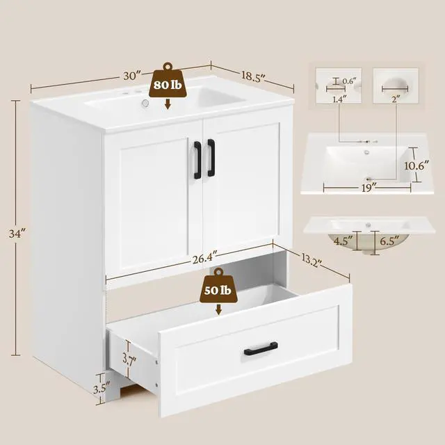 Alt view image 3 of 6 - 30" Bathroom Vanity with Ceramic Basin, Freestanding Bathroom Storage Cabinet with 2 Soft-Close Door and 1 Tip-Out Drawer, Undermount Vanity Sink Cabinet, Easy-to-Clean, White
