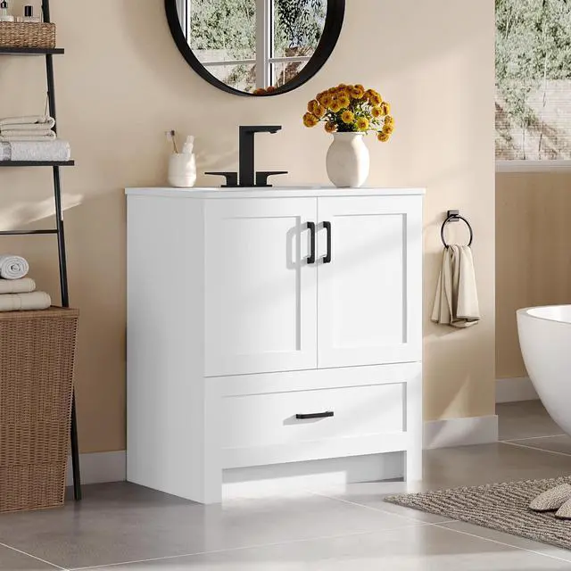 Alt view image 4 of 6 - 30" Bathroom Vanity with Ceramic Basin, Freestanding Bathroom Storage Cabinet with 2 Soft-Close Door and 1 Tip-Out Drawer, Undermount Vanity Sink Cabinet, Easy-to-Clean, White