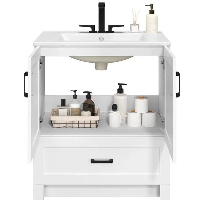Alt view image 5 of 6 - 30" Bathroom Vanity with Ceramic Basin, Freestanding Bathroom Storage Cabinet with 2 Soft-Close Door and 1 Tip-Out Drawer, Undermount Vanity Sink Cabinet, Easy-to-Clean, White