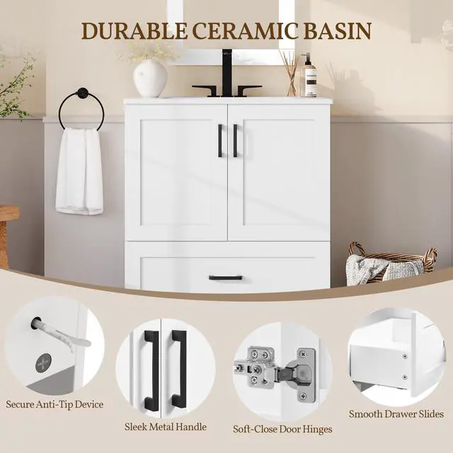 Alt view image 6 of 6 - 30" Bathroom Vanity with Ceramic Basin, Freestanding Bathroom Storage Cabinet with 2 Soft-Close Door and 1 Tip-Out Drawer, Undermount Vanity Sink Cabinet, Easy-to-Clean, White