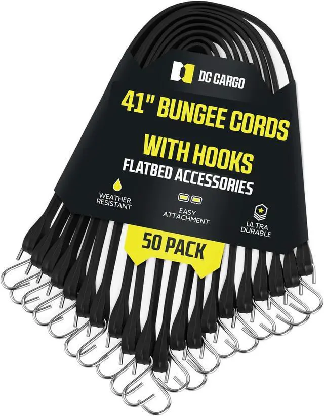 Main image of DC Cargo (Pack of 50) Tarp Straps for Flatbed Trailers, 41" Long Natural Rubber Bungee Cord Tie-Downs Ideal for Securing Tarps, Canvases, Cargo in Cold Climates | Tie-Downs w/Metal S-Hooks