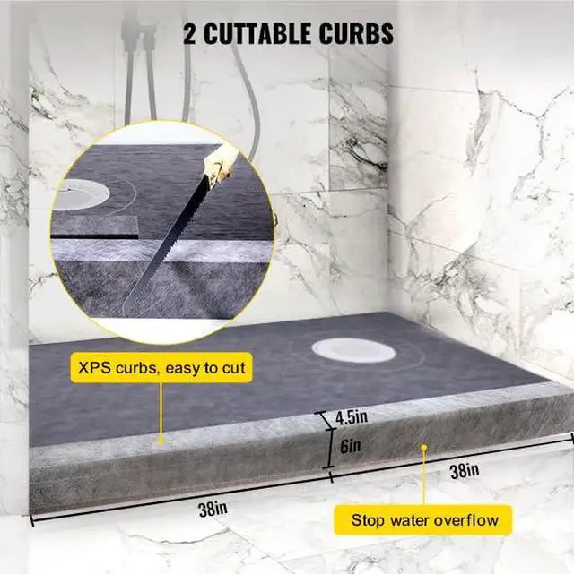 Alt view image 4 of 6 - Shower Curb Kit, 38"x60" Watertight Shower Curb Overlay with 4" ABS Offset Bonding Flange, 4" Stainless Steel Grate, 2 Cuttable Shower Curb and Trowel, Shower Pan Slope Sticks Fit for Bathroom