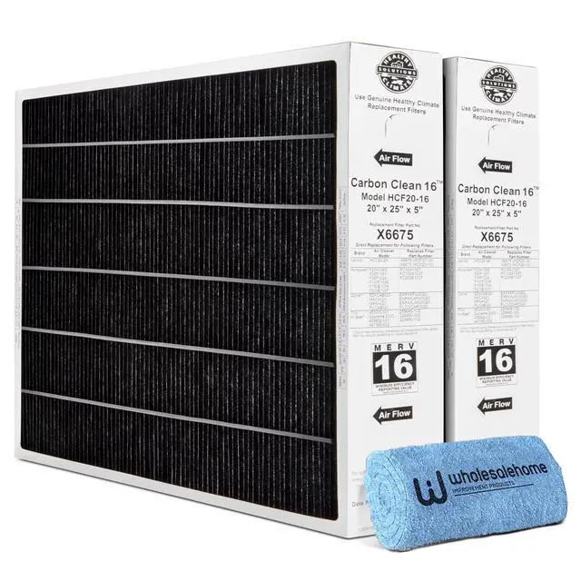 Main image of Lennox X6675 20x25x5 Air Filter, Lennox Carbon Clean Merv 16 Home Furnace Filter for HVAC system 2 Pack with Cleaning Cloth