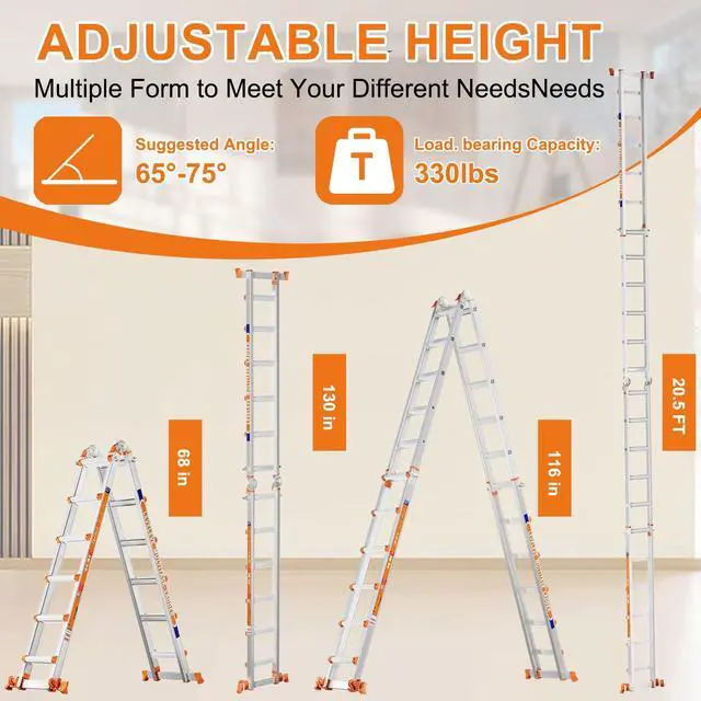 Alt view image 2 of 6 - A Frame 6 Step Ladder, 20FT Extension Ladder with Stabilizer Bar & Wheels,330 lbs Security Load Multi Position Ladder for Stairs Home Indoor Outdoor Roof