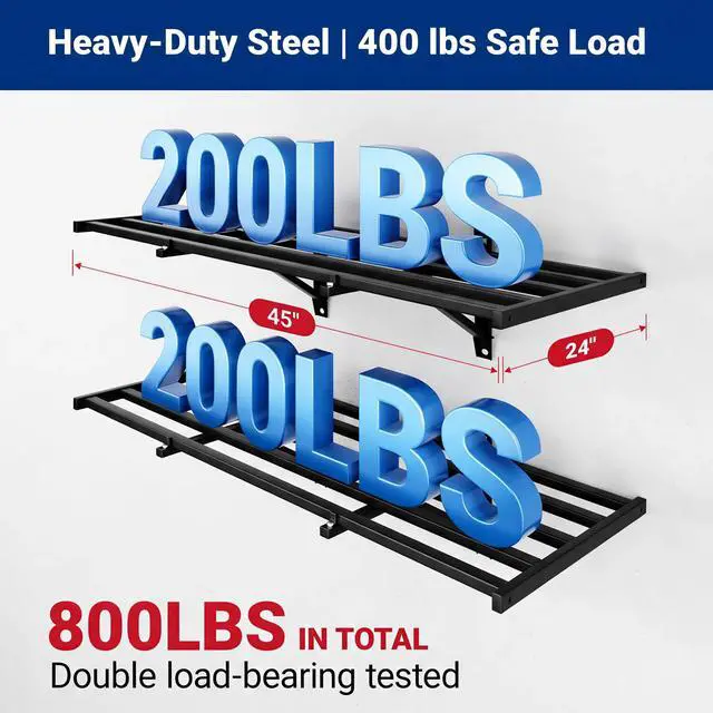 Alt view image 2 of 6 - 2x4ft Heavy Duty Garage Wall Shelving, 4-Pack Garage Shelving Wall Mounted with 8 Hooks, 400lbs Capacity, Storage for Power Tools, Garden Supplies, Storage Bins, Lite Series