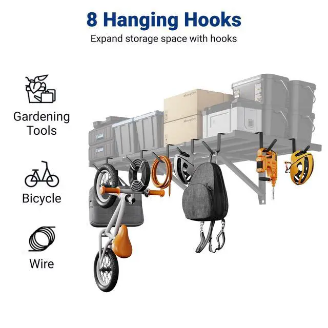 Alt view image 3 of 6 - 2x4ft Heavy Duty Garage Wall Shelving, 4-Pack Garage Shelving Wall Mounted with 8 Hooks, 400lbs Capacity, Storage for Power Tools, Garden Supplies, Storage Bins, Lite Series