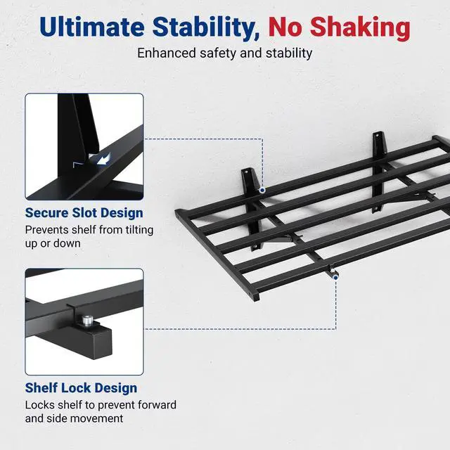 Alt view image 6 of 6 - 2x4ft Heavy Duty Garage Wall Shelving, 4-Pack Garage Shelving Wall Mounted with 8 Hooks, 400lbs Capacity, Storage for Power Tools, Garden Supplies, Storage Bins, Lite Series