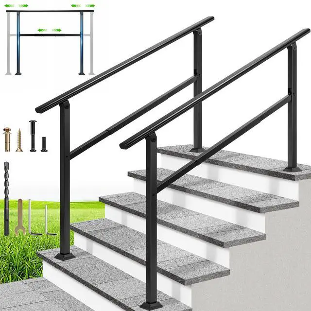 Main image of Adjustable Outdoor Handrails - Durable Galvanized Steel Hand Rail, Black Oval Design for Porch, Deck & Stairs, 2-Pack for 5 Steps