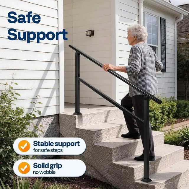 Alt view image 2 of 6 - Adjustable Outdoor Handrails - Durable Galvanized Steel Hand Rail, Black Oval Design for Porch, Deck & Stairs, 2-Pack for 5 Steps