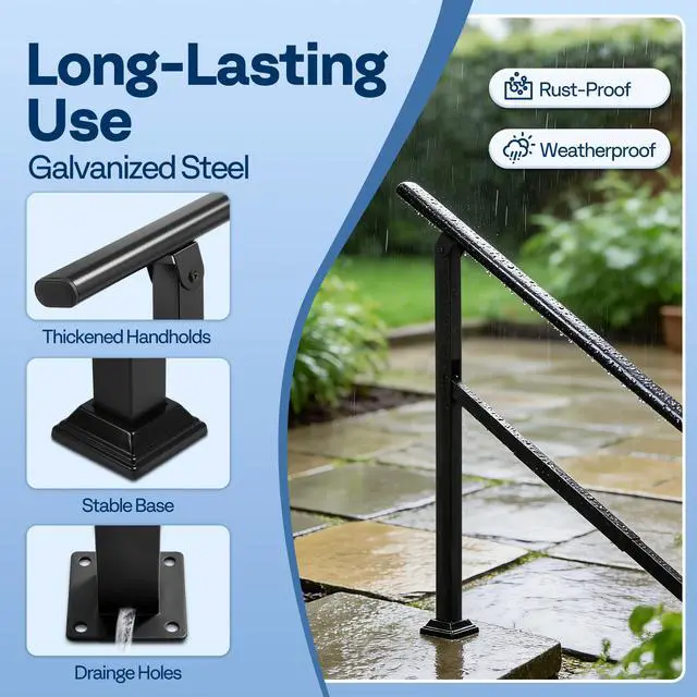 Alt view image 3 of 6 - Adjustable Outdoor Handrails - Durable Galvanized Steel Hand Rail, Black Oval Design for Porch, Deck & Stairs, 2-Pack for 5 Steps