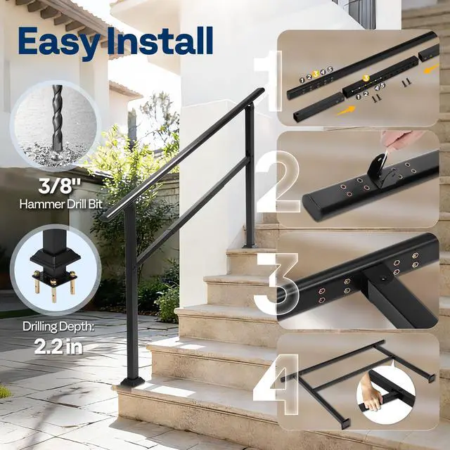 Alt view image 5 of 6 - Adjustable Outdoor Handrails - Durable Galvanized Steel Hand Rail, Black Oval Design for Porch, Deck & Stairs, 2-Pack for 5 Steps