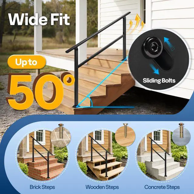 Alt view image 6 of 6 - Adjustable Outdoor Handrails - Durable Galvanized Steel Hand Rail, Black Oval Design for Porch, Deck & Stairs, 2-Pack for 5 Steps