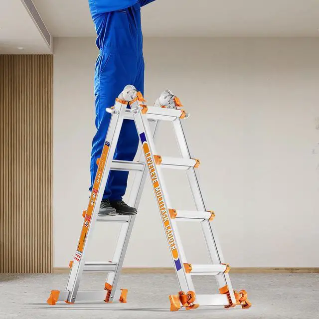Alt view image 2 of 6 - 14FT Extension Ladder,A Frame 4 Step Ladder with Stabilizer Bar & Wheels,330 lbs Security Load Multi Position Ladder for Stairs Home Indoor Outdoor Roof