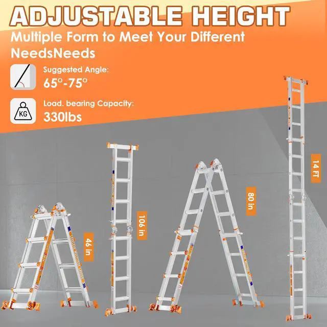 Alt view image 6 of 6 - 14FT Extension Ladder,A Frame 4 Step Ladder with Stabilizer Bar & Wheels,330 lbs Security Load Multi Position Ladder for Stairs Home Indoor Outdoor Roof