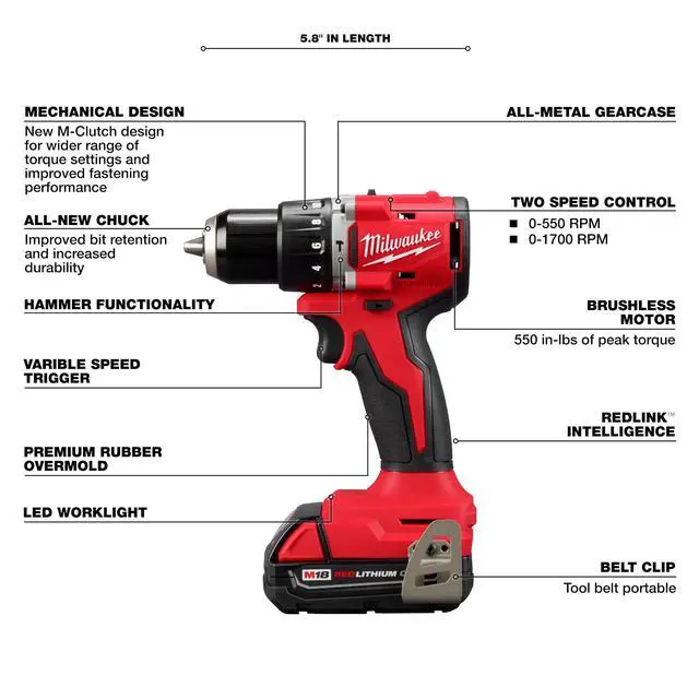 Alt view image 3 of 5 - Electric - M18COMPACT BRUSHLESS 1/2 INCH Hammer Drill/Driver
