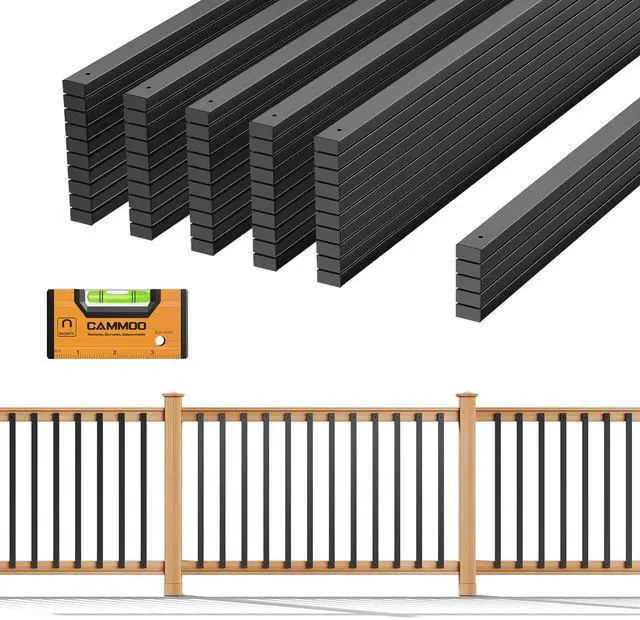Main image of 55 Pcs 36'' Rectangular Deck Balusters, Straight Porch Railing Kit with Level, Pre-Installed End Cap & Screws, Anti-Rust Spindles for Balcony, Poolside, Staircase Indoor Outdoor, Black