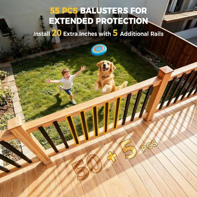 Alt view image 4 of 6 - 55 Pcs 36'' Rectangular Deck Balusters, Straight Porch Railing Kit with Level, Pre-Installed End Cap & Screws, Anti-Rust Spindles for Balcony, Poolside, Staircase Indoor Outdoor, Black