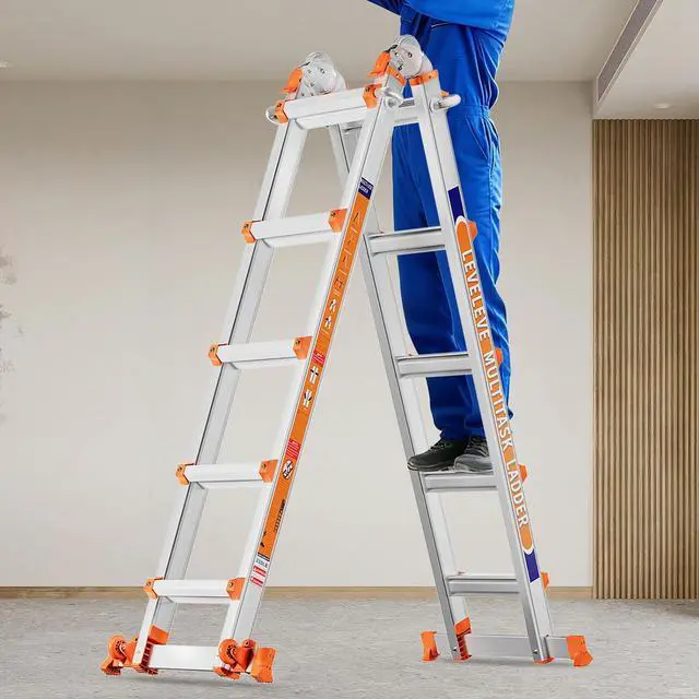 Main image of A Frame 5 Step Ladder, 17FT Extension Ladder with Stabilizer Bar & Wheels,330 lbs Security Load Multi Position Ladder for Stairs Home Indoor Outdoor Roof