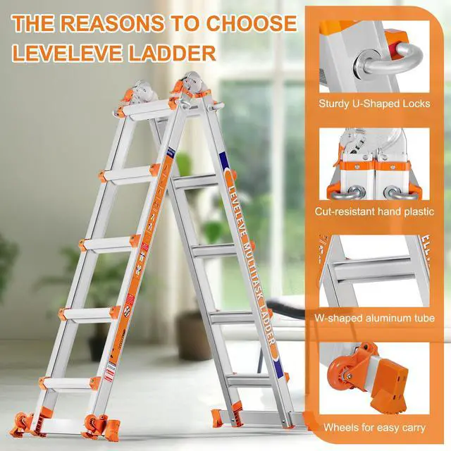 Alt view image 3 of 6 - A Frame 5 Step Ladder, 17FT Extension Ladder with Stabilizer Bar & Wheels,330 lbs Security Load Multi Position Ladder for Stairs Home Indoor Outdoor Roof