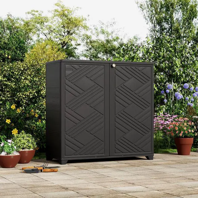 Alt view image 4 of 6 - Indoor/Outdoor Storage Cabinet Waterproof, 34"x15"x34" Plastic Outdoor Storage Box for Garden Balcony Bathroom, All Weather Outdoor Storage Clearance, DIY Usage, with 2 Shelf (Black)