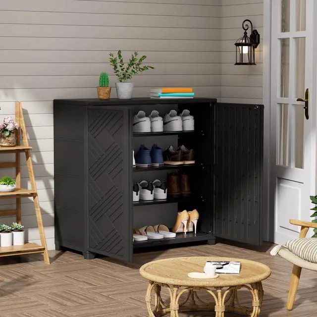 Alt view image 5 of 6 - Indoor/Outdoor Storage Cabinet Waterproof, 34"x15"x34" Plastic Outdoor Storage Box for Garden Balcony Bathroom, All Weather Outdoor Storage Clearance, DIY Usage, with 2 Shelf (Black)