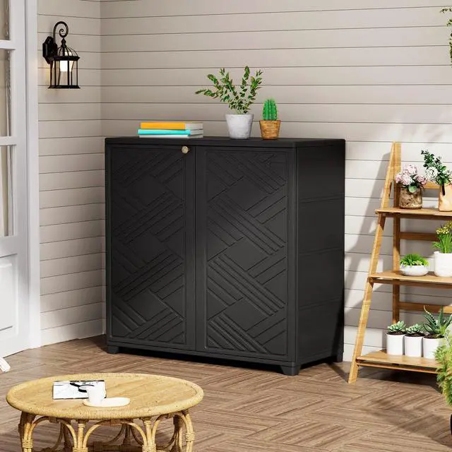 Alt view image 6 of 6 - Indoor/Outdoor Storage Cabinet Waterproof, 34"x15"x34" Plastic Outdoor Storage Box for Garden Balcony Bathroom, All Weather Outdoor Storage Clearance, DIY Usage, with 2 Shelf (Black)