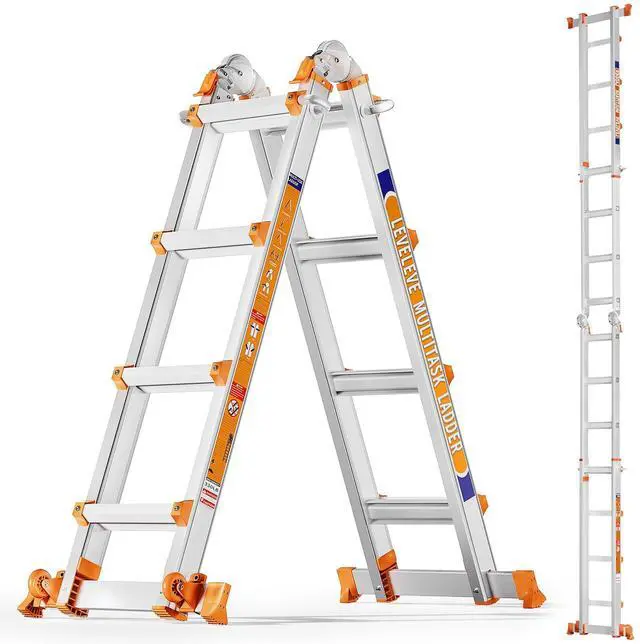 Main image of Multi Position 4 Step Ladder, 14FT Extension Ladder with Stabilizer Bar & Wheels,330 lbs Security Load A Frame Ladder for Stairs Home Indoor Outdoor Roof