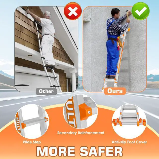 Alt view image 6 of 6 - Multi Position 4 Step Ladder, 14FT Extension Ladder with Stabilizer Bar & Wheels,330 lbs Security Load A Frame Ladder for Stairs Home Indoor Outdoor Roof