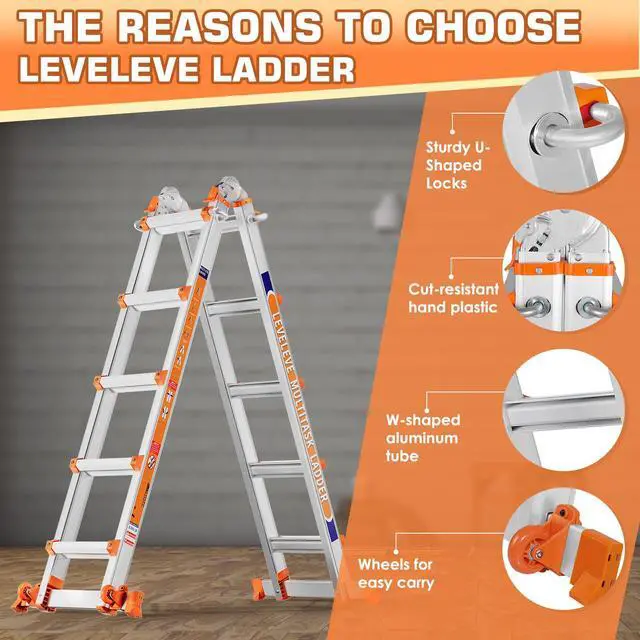 Alt view image 3 of 6 - Multi Position 4 Step Ladder, 14FT Extension Ladder with Stabilizer Bar & Wheels,330 lbs Security Load A Frame Ladder for Stairs Home Indoor Outdoor Roof
