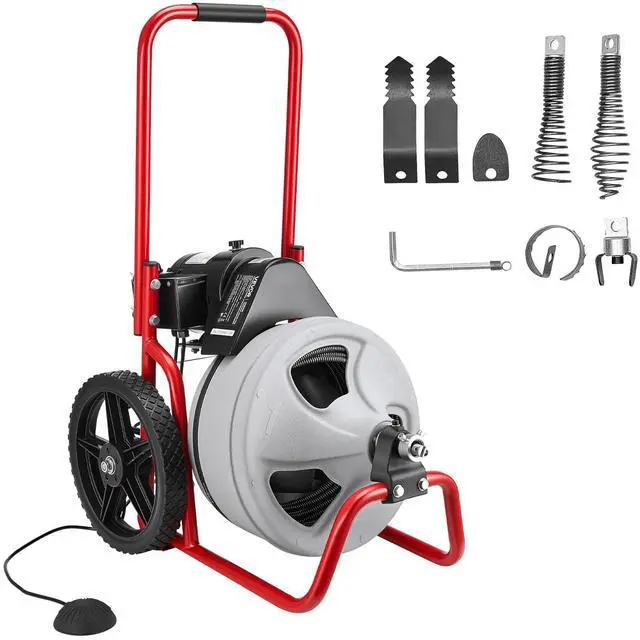 Main image of Drain Cleaner Machine 75 FT x 3/8 Inch, Sewer Snake Auger Manual Feed on Wheels, Portable Drain Cleaning Machine with 6 Cutters & Air-activated Foot Switch for 2" to 4" Pipes