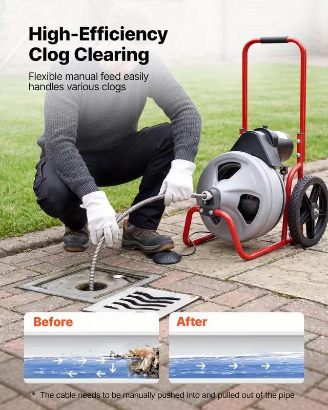 Alt view image 2 of 6 - Drain Cleaner Machine 75 FT x 3/8 Inch, Sewer Snake Auger Manual Feed on Wheels, Portable Drain Cleaning Machine with 6 Cutters & Air-activated Foot Switch for 2" to 4" Pipes