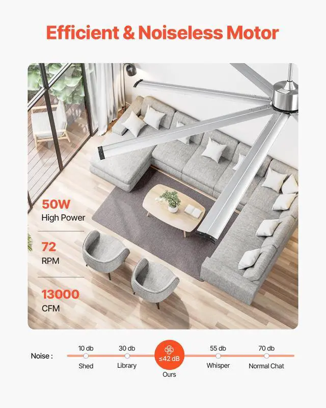 Alt view image 3 of 6 - 96 In Ceiling Fan without Light, 6-Speed Remote Control, Aluminum 8-Blade, Reversible DC Motor, Modern Low Profile Flush Mount Fan for Bedroom, Living Room, Patio, Indoor/Outdoor, Brushed Nickel