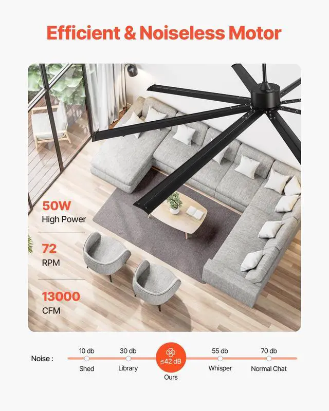 Alt view image 3 of 6 - 96 In Ceiling Fan without Light, 6-Speed Remote Control, Aluminum 8-Blade, Reversible DC Motor, Modern Low Profile Flush Mount Exterior Fan for Bedroom, Living Room, Patio, Indoor/Outdoor, Black