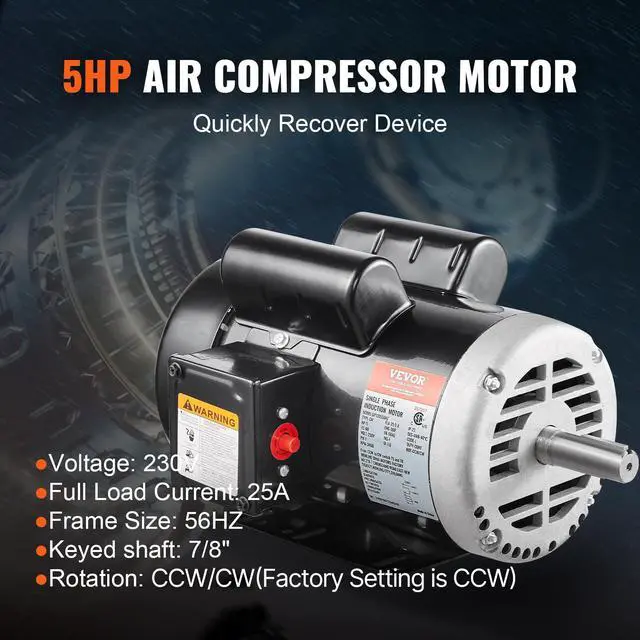 Alt view image 2 of 6 - 5HP Air Compressor Electric Motor, 230V 25 Amps, 56HZ Frame 3450RPM, 7/8" Keyed Shaft, 2.25" Shaft Length, Single Phase, CCW/CW (Factory Setting is CCW)