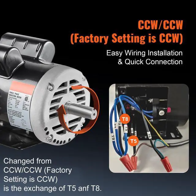 Alt view image 4 of 6 - 5HP Air Compressor Electric Motor, 230V 25 Amps, 56HZ Frame 3450RPM, 7/8" Keyed Shaft, 2.25" Shaft Length, Single Phase, CCW/CW (Factory Setting is CCW)