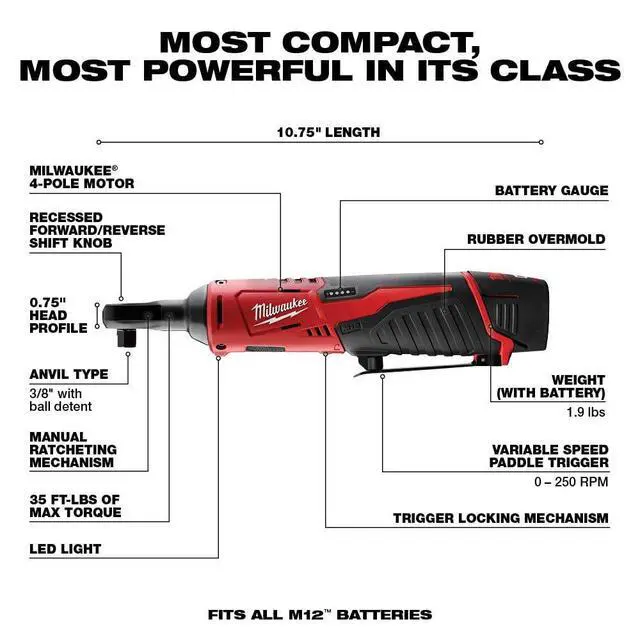 Alt view image 2 of 6 - 2457-21 3/8-in Cordless M12 Lithium-Ion Ratchet Kit